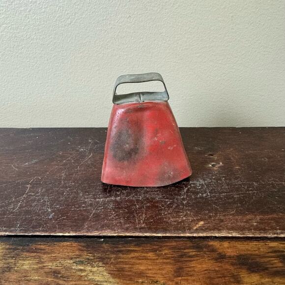 Red Blue Metal Cowbell Hand Made Bell Clapper Primitive Rustic Country Farmhouse - Picture 1 of 6